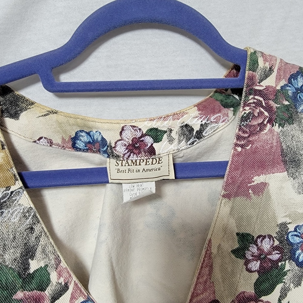 Vtg 90s STAMPEDE Women's Floral Denim Vest Button Front USA- Large Cottagecore - Picture 4 of 6